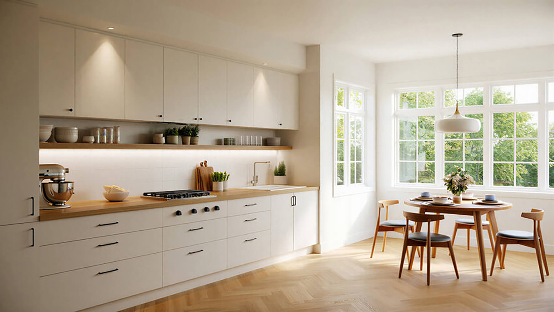 A bright, freshly painted white kitchen with smooth cabinet fronts, illustrating what professional cabinet painting involves when the work is done right.