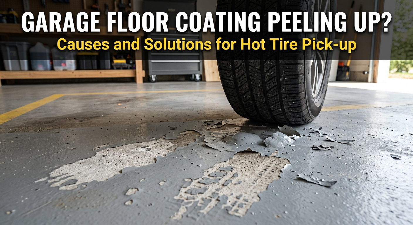 Close-up of a DIY epoxy garage floor coating lifting and peeling away under a car tire due to hot tire pickup.