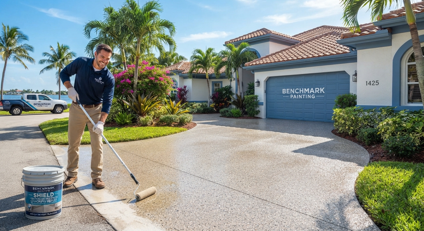 Professional painter from Benchmark Painting applying a protective coating with a roller to a concrete driveway in West Palm Beach to prevent salt air corrosion.