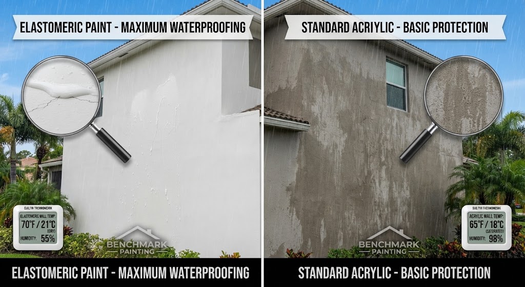 Side-by-side comparison of two house exterior walls during rain: the left wall, painted with Benchmark Elastomeric Paint, shows a perfectly dry surface with water beading, while the right wall, with standard acrylic, is dark, saturated, and leaking. Includes a magnifying glass and temperature gauges.